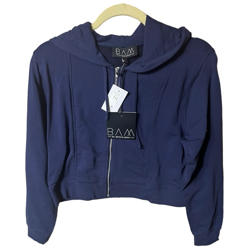 NWT BAM by BETSY & ADAM Cropped Navy Hoodie w/long sleeves, full length zipper